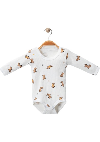 Köpek Baskılı Uzun Kollu Badi - Beyaz