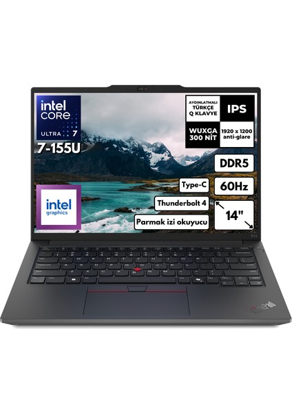 Thinkpad E14 G6 Ultra 7-155U 40-Gbddr5 512 GB SSD Intel Graphics 14" Wuxga Windows 11 Pro Taşınabilir Bilgisayar 21M8SALR27 BT82