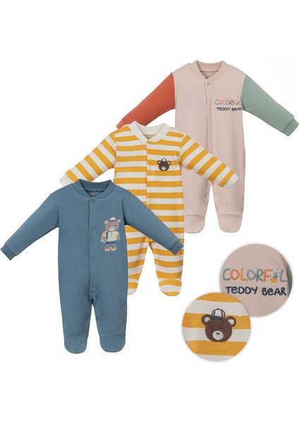 Renkli Teddy Ayıcıklı Tulum 3'lü - Mavi , Sarı ve Krem