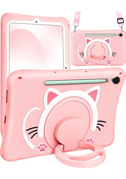 Samsung Galaxy Tab S9 (2023) Çocuklar Için Askılı Standlı 3D Kedi Figürlü Silikon Kılıf Sm- X710 X716 X718