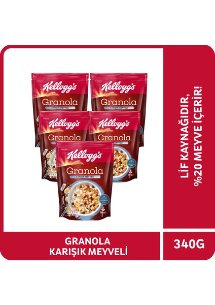 Granola Karışık Meyveli 340 G x5 Adet, %45 Yulaf Ezmesi, %20 Kurutulmuş Meyve, Lif Kaynağı Kahvaltılık Gevrek