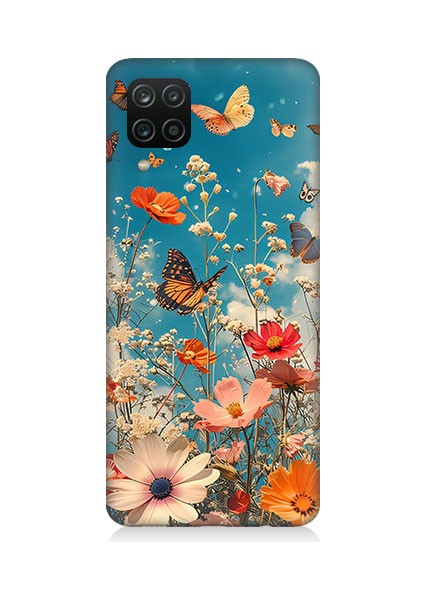 Samsung Galaxy A12 Uyumlu Çiçekli Kelebekler Desenli Silikon Kılıf
