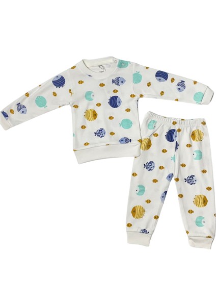 Balık Desenli Lüks Pijama - Beyaz