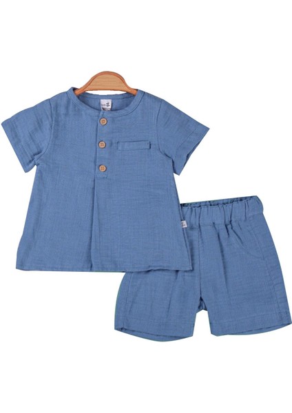 Erkek Bebek Mavi Düğmeli Müslin Şortlu Takım