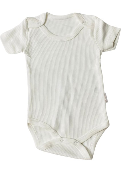 Çizgili Yarım Kollu Badi - Krem