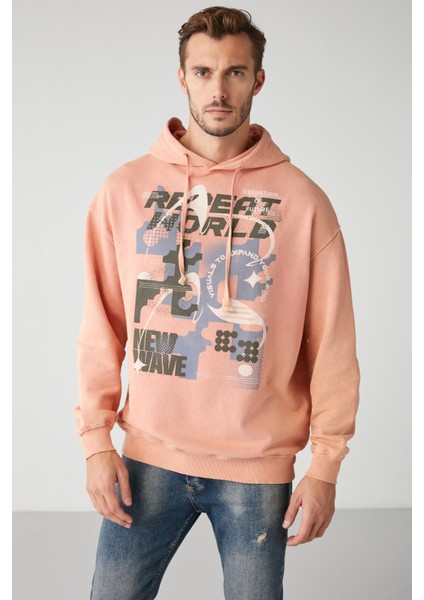 Antıque Erkek Soluk Efektlı Baskılı Polarsız Kapüşonlu Somon Sweatshirt
