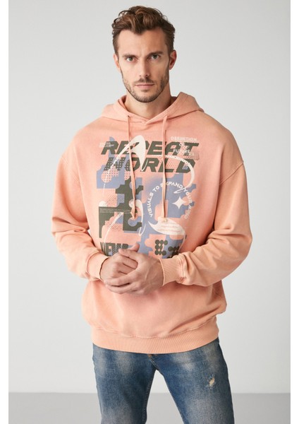 Antıque Erkek Soluk Efektlı Baskılı Polarsız Kapüşonlu Somon Sweatshirt fiyatları