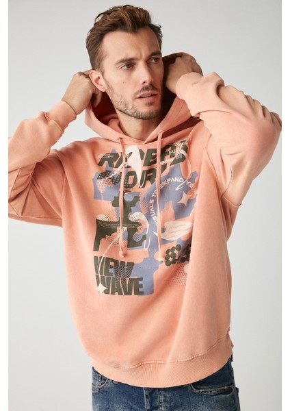 Antıque Erkek Soluk Efektlı Baskılı Polarsız Kapüşonlu Somon Sweatshirt modelleri