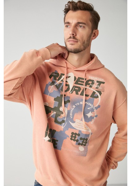 Antıque Erkek Soluk Efektlı Baskılı Polarsız Kapüşonlu Somon Sweatshirt fırsatları