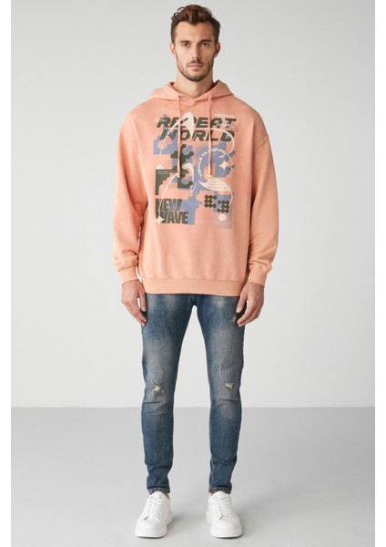 Antıque Erkek Soluk Efektlı Baskılı Polarsız Kapüşonlu Somon Sweatshirt indirimleri