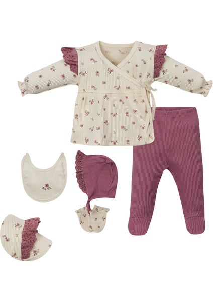 Organik Dantelli Çiçek Desenli 5'li Zıbın Seti 0-3 Ay Kız - Krem