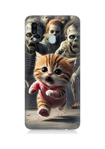 Samsung Galaxy A30 Uyumlu Kedi ve Zombiler Desenli Silikon Kılıf