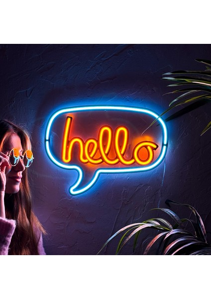 Hello Neon Duvar Dekoru (Tabelası) - Şık Metal Üzerine Neon (Led Işık) Duvar Süsü | 40 cm x 30 cm