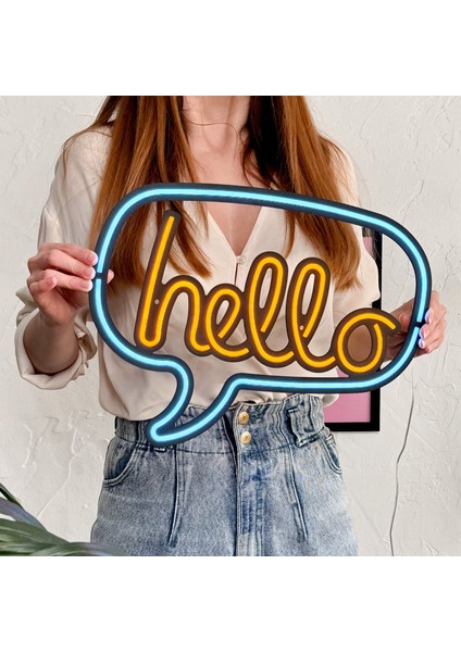 Hello Neon Duvar Dekoru (Tabelası) - Şık Metal Üzerine Neon (Led Işık) Duvar Süsü | 40 cm x 30 cm