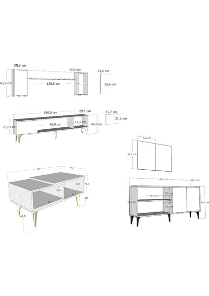 Sintaa 180 cm Şömineli(B) Tv Ünitesi, KONSOL(KX180) ve Orta Sehpa Salon Takımı