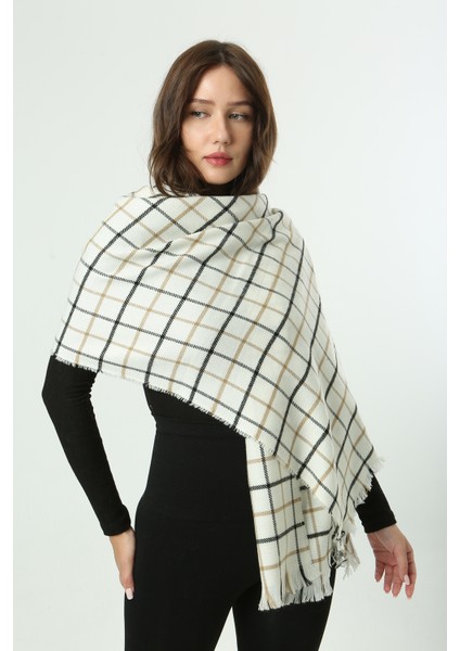 Kare Desen Atkı Omuz Şalı 70X180 cm 1282 Ekru