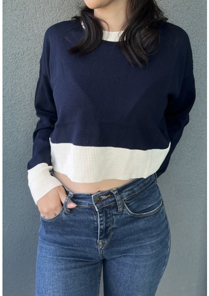 Kadın Triko Lacivert Crop Bluz