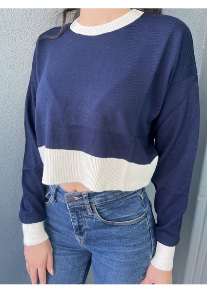Kadın Triko Lacivert Crop Bluz
