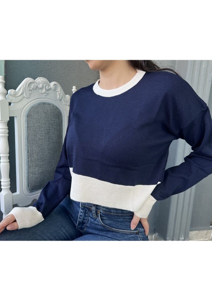 Kadın Triko Lacivert Crop Bluz