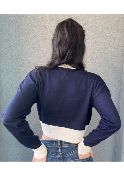 Kadın Triko Lacivert Crop Bluz
