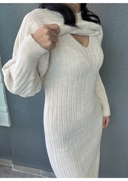 Kadın Triko Kumaş Askılı Oversıze Elbise Crop Kazak 2 Li Takım Krem