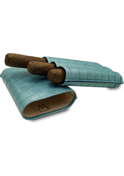 Gerçek Deri El Yapımı Puro Kılıfı Üçlü (60 Ring) Croco Aguamarina fiyatları