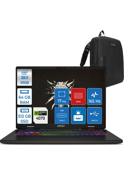 Msı Sword 17 Hx Intel Core I9 14900HX 64GB Ddr5 512GB SSD 8GB/RTX4070/105W 17" 165Hz Fhd+ Windows 11 Pro Gaming Laptop B14VGKGP07 + Zettaçanta