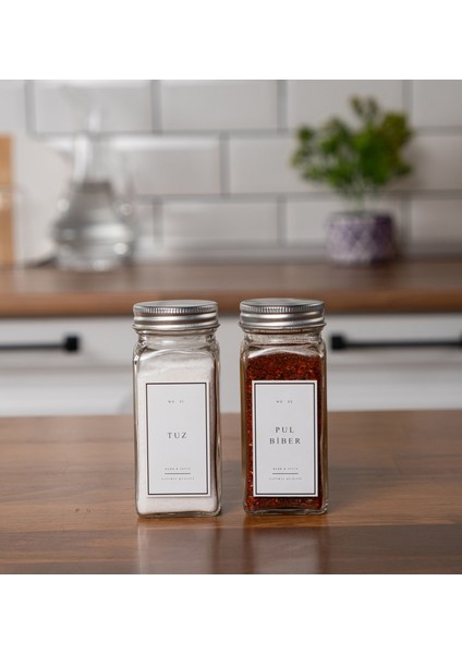 2'li Cam Baharatlık Seti Kapaklı Etiketli Baharatlık Takımı