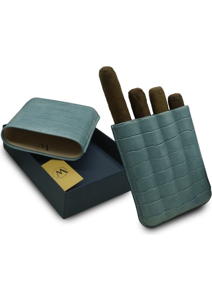 Gerçek Deri El Yapımı Puro Kılıfı Dörtlü (60 Ring) Croco Aguamarina fırsatları