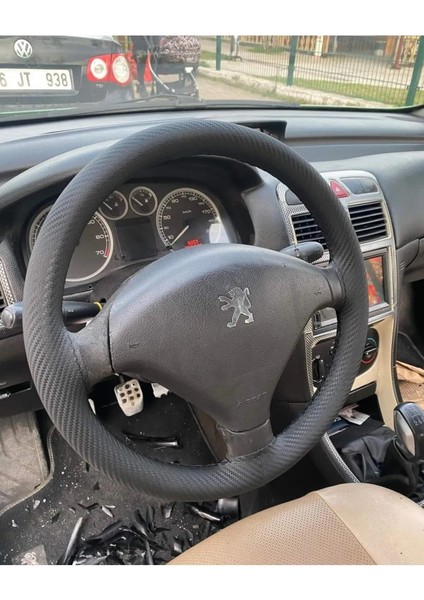 Dikişli Direksiyon Kılıfı Karbon Deri Siyah Dikişli Peugeot 307 Için