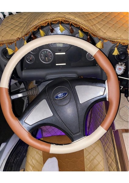 Dikişli Direksiyon Kılıfı Taba/bej Siyah Dikişli Ford 2524 Şahin Bakışlı Için
