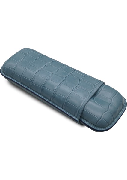 Gerçek Deri El Yapımı Puro Kılıfı Ikili (60 Ring) Croco Aguamarina