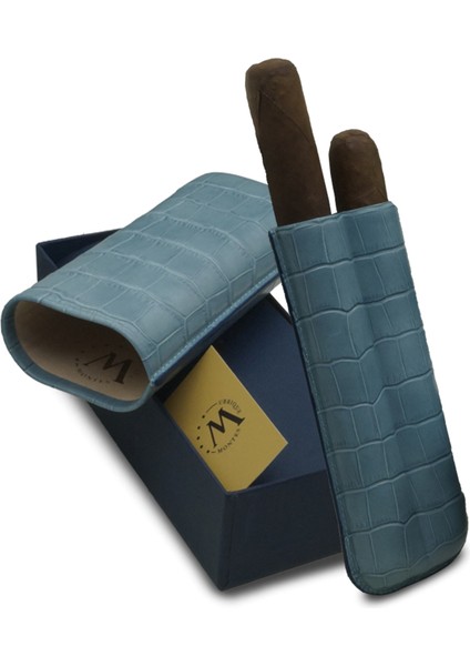 Gerçek Deri El Yapımı Puro Kılıfı Ikili (60 Ring) Croco Aguamarina fırsatları