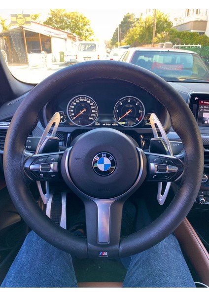 Dikişli Direksiyon Kılıfı Damarlı Siyah Deri Siyah Dikişli Bmw X6 Için
