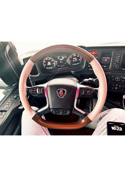 Dikişli Direksiyon Kılıfı Kahve/bej Deri Siyah Dikişli Scania Tır Kamyon Için