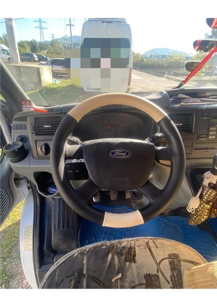 Dikişli Direksiyon Kılıfı Noktalı/bej Deri Siyah Dikişli Ford Transit Için