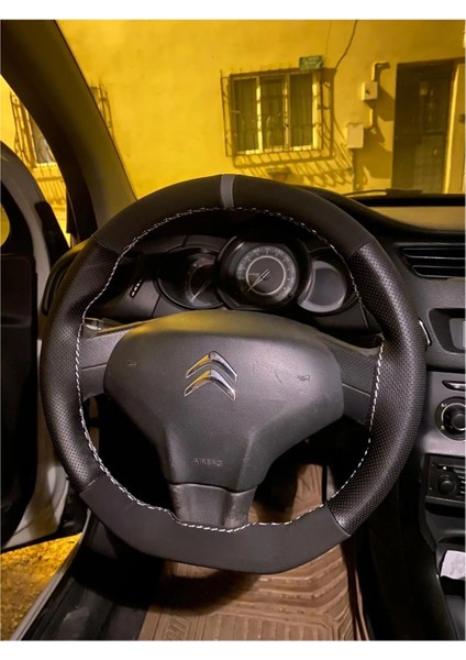 Dikişli Direksiyon Kılıfı Noktalı, Nubuk , Gri Yüzük Gri Dikiş Citroen Elysee Için