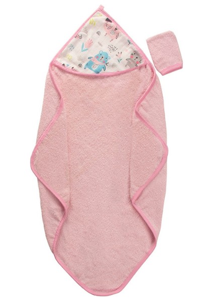 Tavşan Desen Müslin Başlıklı Havlu Kız - Pembe