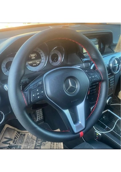 Dikişli Direksiyon Kılıfı Damarlı Siyah Deri Kırmızı Dikişli Mercedes C Için