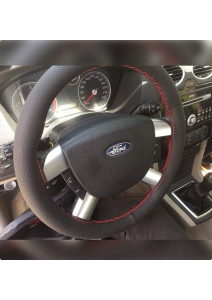 Dikişli Direksiyon Kılıfı Noktalı Deri Kırmızı Dikişli Ford Focus Için