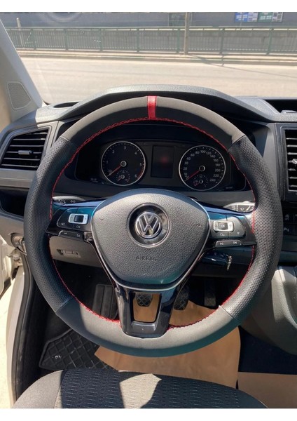 Dikişli Direksiyon Kılıfı Noktalı/nubuk Kırmızı Yüzük Kırmızı Dikiş Vw Passat Için