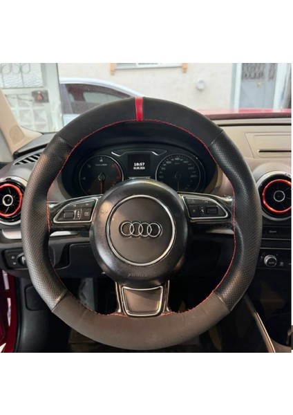 Dikişli Direksiyon Kılıfı Noktalı Nubuk Kırmızı Yüzük Kırmızı Dikiş Audi A3 Için