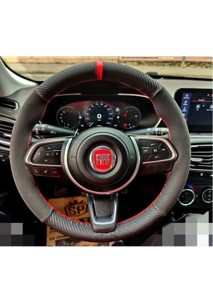 Dikişli Direksiyon Kılıfı Karbon Nubuk Kırmızı Yüzük Kırmızı Dikiş Fıat Egea Için