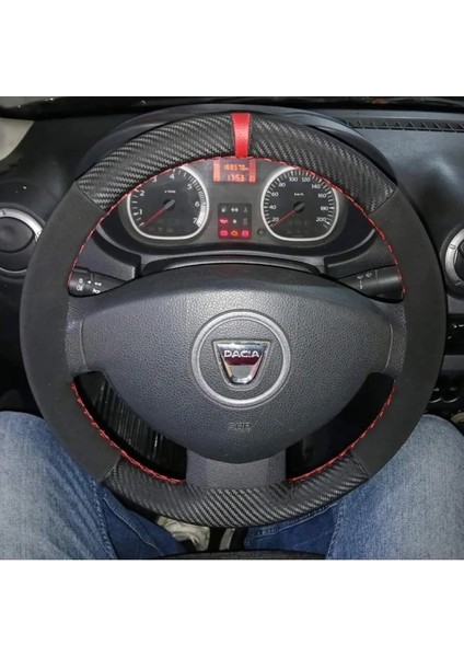 Dikişli Direksiyon Kılıfı Karbon Nubuk Kırmızı Yüzüklü Dacia Için