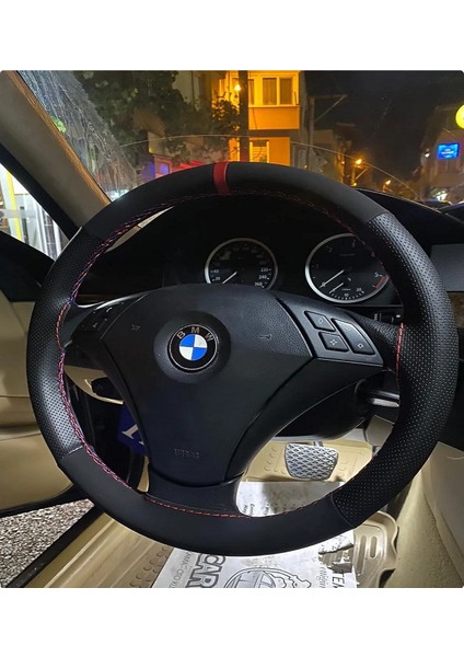 Dikişli Direksiyon Kılıfı Noktalı Nubuk Kırmızı Yüzük Kırmızı Dikiş Bmw E60 Için