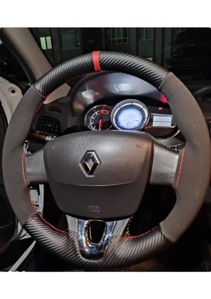 Dikişli Direksiyon Kılıfı Karbon Nubuk Kırmızı Yüzük Kırmızı Dikiş Renault Fluence Için