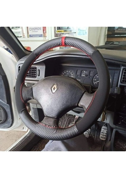 Dikişli Direksiyon Kılıfı Karbon Nubuk Kırmızı Yüzük Kırmızı Dikiş Renault 19 Için