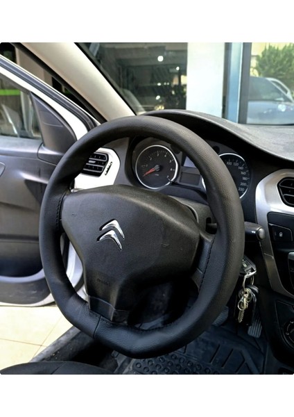 Dikişli Direksiyon Kılıfı Damarlı Siyah Deri Siyah Dikişli Citroen Elysee Için