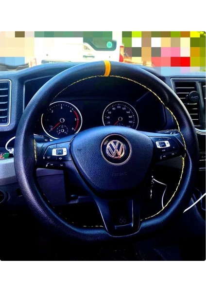Dikişli Deri Direksiyon Kılıf Siyah Deri Sarı Yüzüklü Sarı Dikişli Volkswagen Için