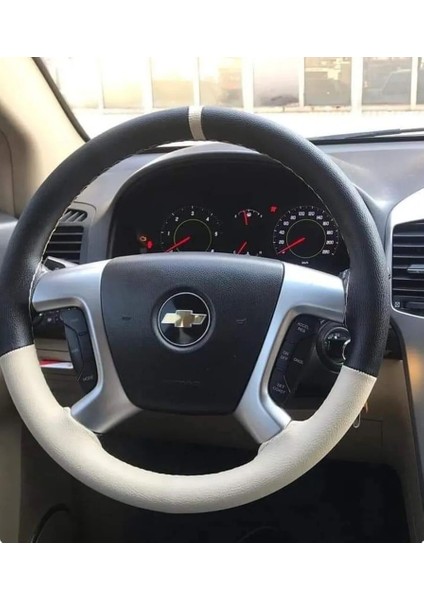 Dikişli Direksiyon Kılıfı Siyah Beyaz Deri Beyaz Yüzük /dikiş Chevrolet Captiva Için